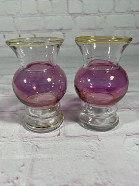 Vintage Bartlett Collins Hand Painted Purple and Gold Glass Bud Vase Pair